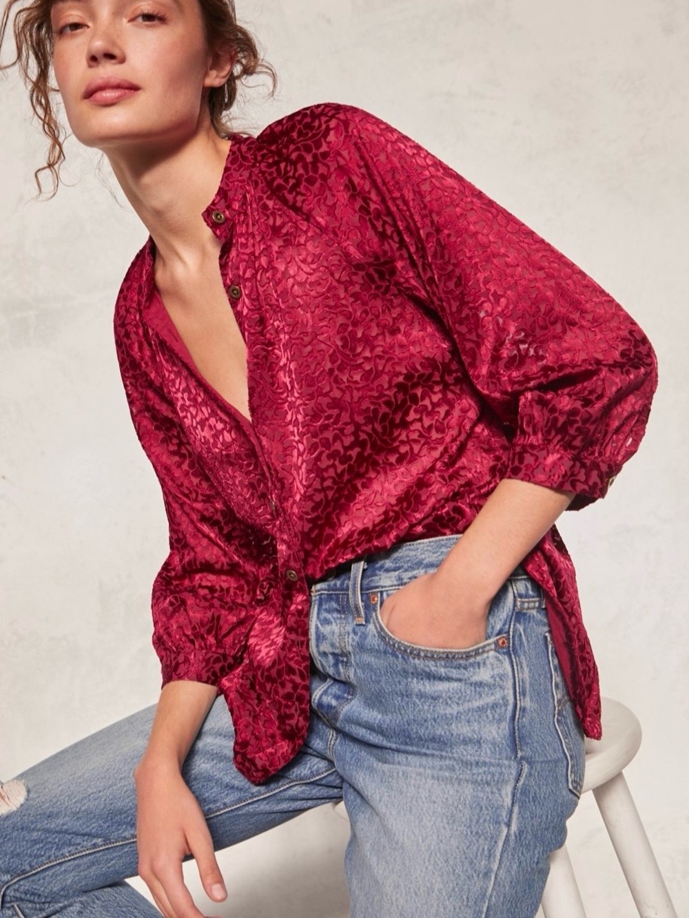 Anthropologie Susanna Burnout Velvet Button Down Top Plum Boho Romantic Size S